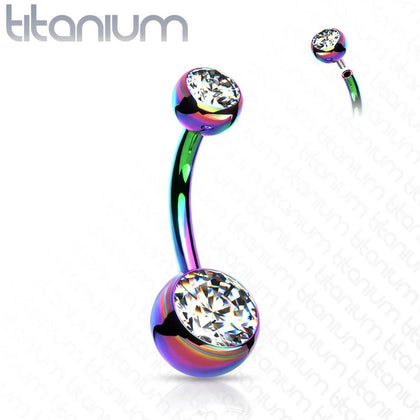 Implant Grade Titanium Rainbow PVD Double Ball White CZ Gem Belly Ring - Pierced Universe