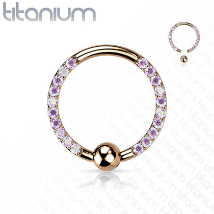 Implant Grade Titanium Rose Gold PVD Front Facing AB CZ Pave CBR Hoop Ring - Pierced Universe