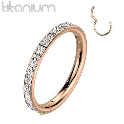 Implant Grade Titanium Rose Gold PVD Multi White Gem Pave CZ Hinged Clicker Hoop - Pierced Universe