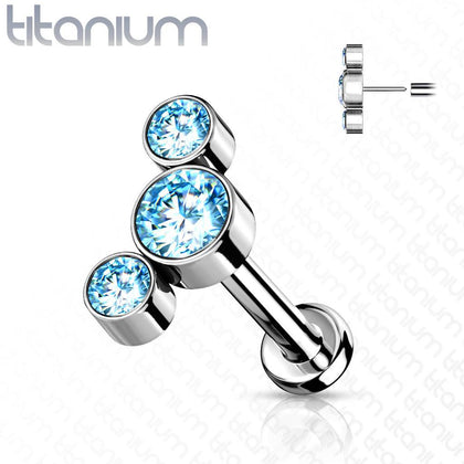 Implant Grade Titanium Threadless Push In Cartilage 3 Gem Curved Aqua CZ Gems With Flat Back - Pierced Universe