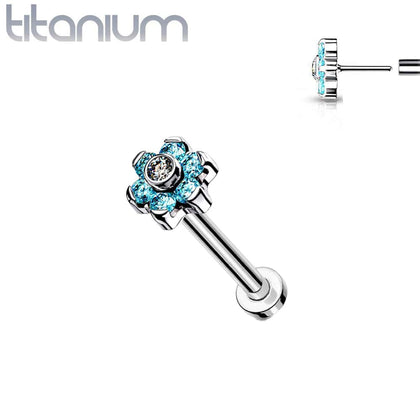 Implant Grade Titanium Threadless Push In Nose Ring Aqua CZ Flower With Flat Back - Pierced Universe