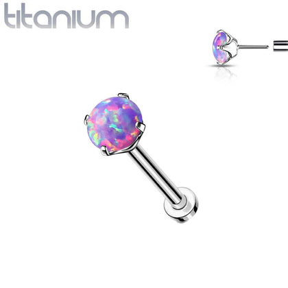 Implant Grade Titanium Threadless Push In Nose Ring Clawed Purple Opal Stone With Flat Back - Pierced Universe