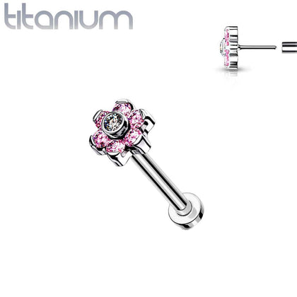 Implant Grade Titanium Threadless Push In Nose Ring Pink CZ Flower With Flat Back - Pierced Universe