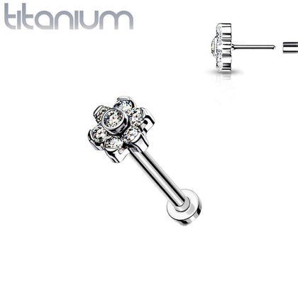 Implant Grade Titanium Threadless Push In Nose Ring White CZ Flower With Flat Back - Pierced Universe