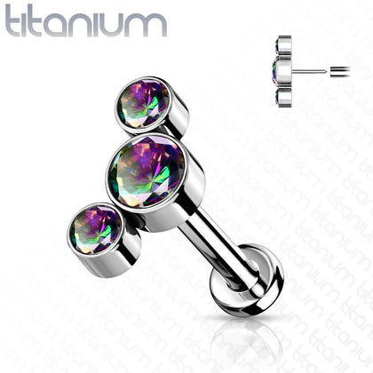 Implant Grade Titanium Threadless Push In Tragus/Cartilage 3 Gem Curved Vitrail Medium CZ Gems With Flat Back - Pierced Universe