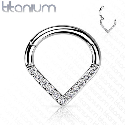 Implant Grade Titanium V Shaped Septum Ring Clicker Hoop White CZ Gems - Pierced Universe