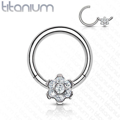 Implant Grade Titanium White CZ Gem Flower Hinged Clicker Hoop - Pierced Universe