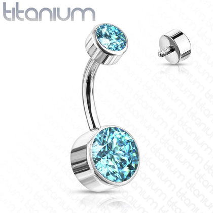 Internally Threaded Grade Titanium Bezel Aqua Gem Belly Ring - Pierced Universe