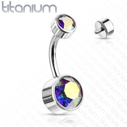 Internally Threaded Grade Titanium Bezel Aurora Borealis Gem Belly Ring - Pierced Universe