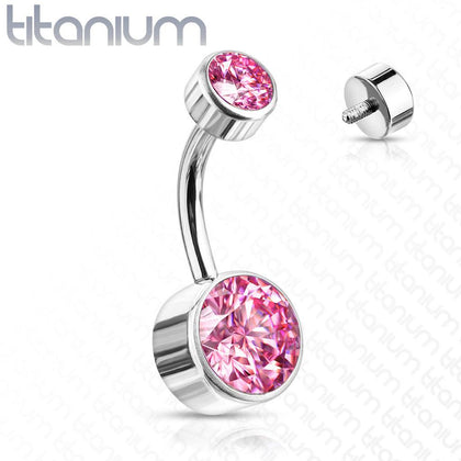 Internally Threaded Grade Titanium Bezel Pink Gem Belly Ring - Pierced Universe