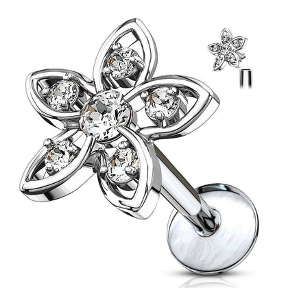 Internally Threaded Surgical Steel White CZ Flower Labret - Pierced Universe