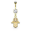 Micro Paved Surgical Steel Hamsa Hand of Fatima Dangle Belly Button Navel Ring