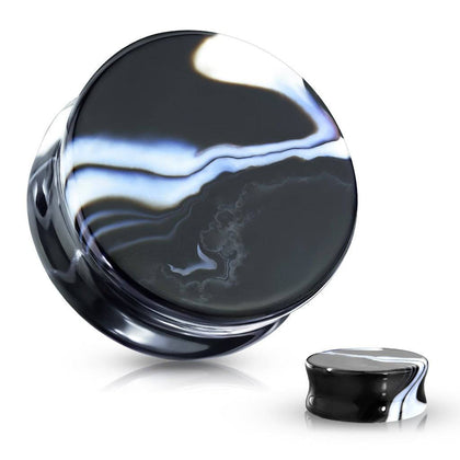 Organic Natural Black And White Agate Double Flared Saddle Stone Plugs - Pierced Universe