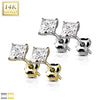 Pair Of 14KT Solid Yellow Gold Square Clawed White CZ Stud Earrings