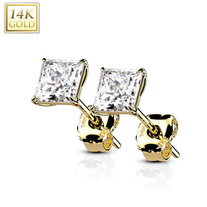 Pair Of 14KT Solid Yellow Gold Square Clawed White CZ Stud Earrings