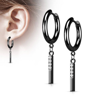 Pair Of 316L Surgical Steel Black PVD White CZ Simple Line Dangle Hoop Earrings - Pierced Universe