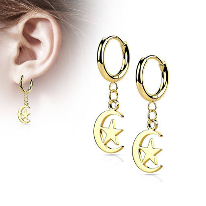 Pair Of 316L Surgical Steel Gold PVD Thin Hoop Earrings With Dangling Moon & Star - Pierced Universe