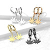 Pair Of 316L Surgical Steel Gold PVD Thin Hoop Earrings With Dangling Weed Leaf - Pierced Universe