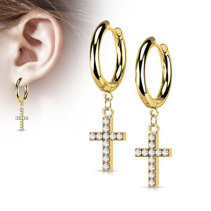 Pair Of 316L Surgical Steel Gold PVD White CZ Cross Dangle Hoop Earrings - Pierced Universe