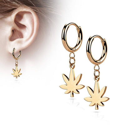 Pair Of 316L Surgical Steel Rose Gold PVD Thin Hoop Earrings With Dangling Weed Leaf