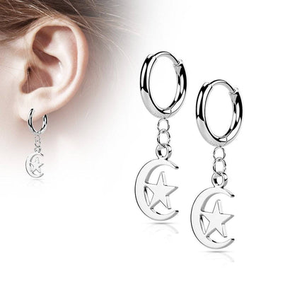 Pair Of 316L Surgical Steel Thin Hoop Earrings With Dangling Moon & Star - Pierced Universe