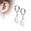 Pair Of 316L Surgical Steel Thin Hoop Earrings With Dangling Moon & Star - Pierced Universe