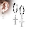 Pair Of 316L Surgical Steel White CZ Cross Dangle Hoop Earrings