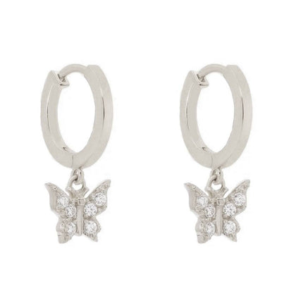 Pair of 925 Sterling Silver Diamond CZ Butterfly Dangle Minimal Hoop Earrings - Pierced Universe