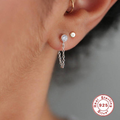 Pair of 925 Sterling Silver Double Lobe Bezel CZ with Chain Minimal Stud Earrings - Pierced Universe