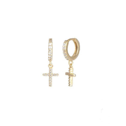 Pair of 925 Sterling Silver Gold PVD Diamond CZ Cross Dangle Minimal Hoops