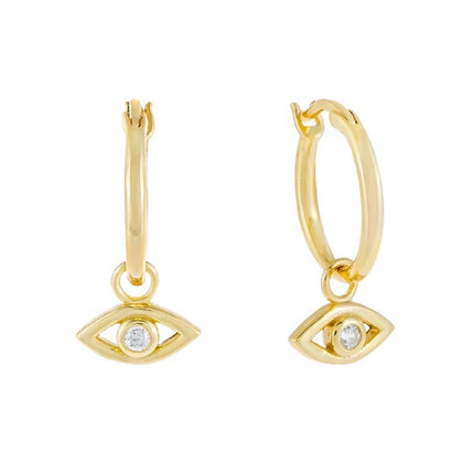 Pair of 925 Sterling Silver Gold PVD Evil Eye Dangle Minimal Hoop Earrings - Pierced Universe