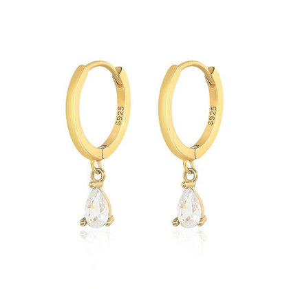 Pair Of 925 Sterling Silver Gold PVD White CZ Teardrop Dangle Minimal Hoop Earrings - Pierced Universe