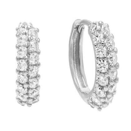 Pair of 925 Sterling Silver Minimal Women's Double Row White CZ Hinged Clicker Hoop Earrings - Pierced Universe