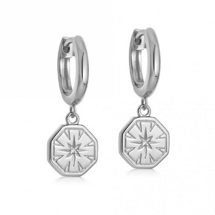 Pair of 925 Sterling Silver Starburst Dangle Minimal Hoop Earrings