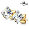 Pair of Gold Plated Surgical Steel Square Clear Prong Set Earring Studs - Pierced Universe