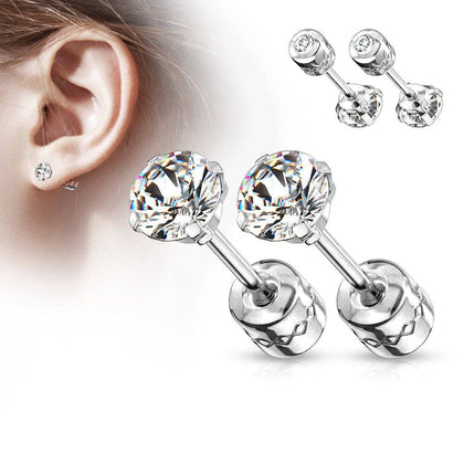 Pair of Screw Back Surgical Steel White CZ Stud Earrings - Pierced Universe