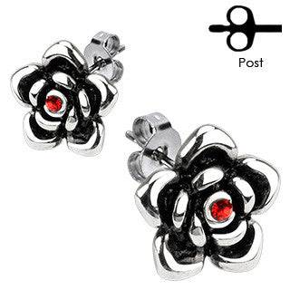 Pair of Stainless Steel Red CZ Flower Tribal Stud Earrings - Pierced Universe