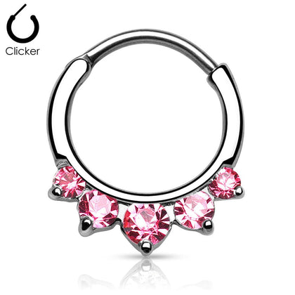 Pink 5 Prong Set CZ Round Septum Ring Curved 316L Surgical Steel Bar Clicker - Pierced Universe