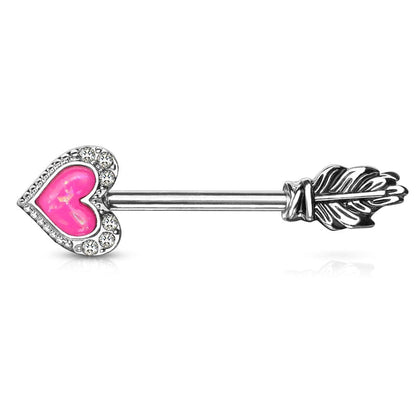 Pink Opal Heart & Feather Arrow Surgical Steel Nipple Ring Barbell