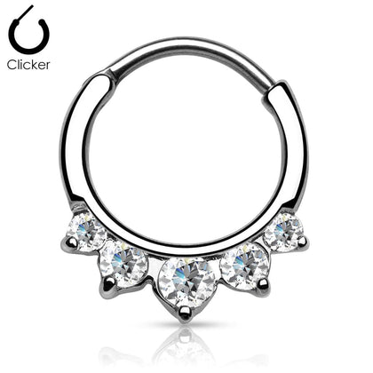 Prong Set 5 Gem White Clear CZ 316L Surgical Steel Bar Septum Ring Clicker - Pierced Universe