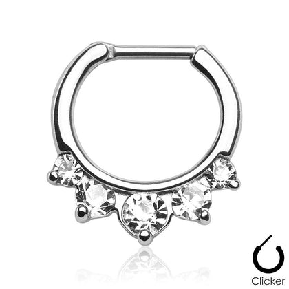 Prong Set 5 Gem White CZ 316L Surgical Steel Bar Septum Ring Clicker - Pierced Universe