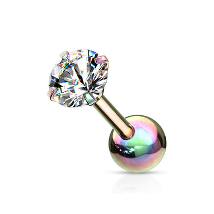 Rainbow Plated Surgical Steel Ball Back Prong White CZ Cartilage Ring Stud - Pierced Universe