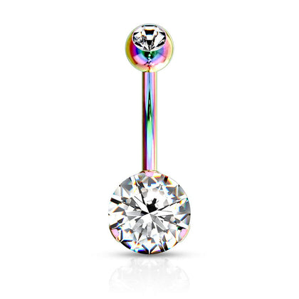 Rainbow PVD Surgical Steel Classic White 8mm CZ Gem Belly Ring - Pierced Universe