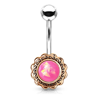 Rose Gold Filigree Pink Opal Belly Button Ring