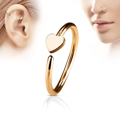 Rose Gold IP on 316L Surgical Steel Nose Hoop Ring with Small Heart - Pierced Universe