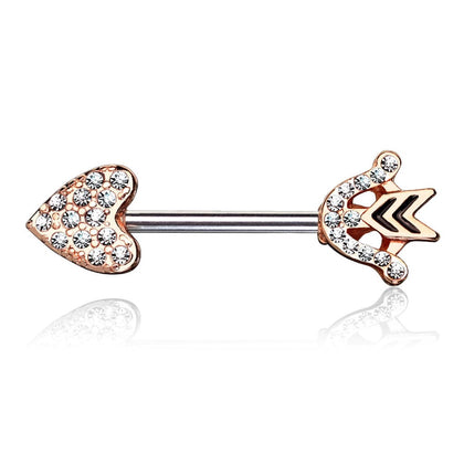 Rose Gold Plated Heart & Arrow CZ Nipple Ring Barbell - Pierced Universe