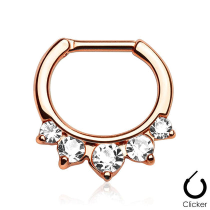 Rose Gold Plated Prong Set 5 Gem White Clear CZ 316L Surgical Steel Bar Septum Ring Clicker - Pierced Universe