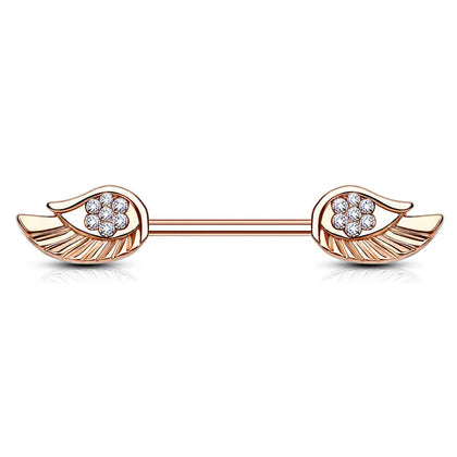 Rose Gold Plated Surgical Steel CZ Paved Angel Wing Nipple Ring - Pierced Universe