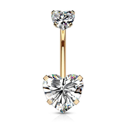 Rose Gold Plated Surgical Steel Double Heart White CZ Gem Belly Button Ring - Pierced Universe