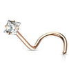 Rose Gold Plated Surgical Steel White Square CZ Gem Corkscrew Nose Ring Stud - Pierced Universe